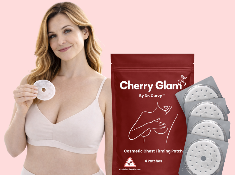 Woman holding a Cherry Glam patch beside the product packaging