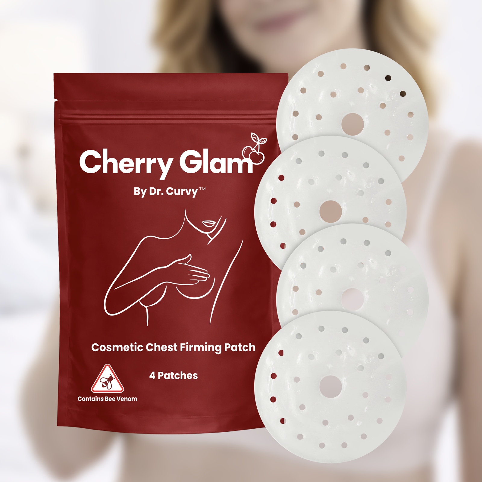 Cherry Glam cosmetic chest skincare pouch with four patches
